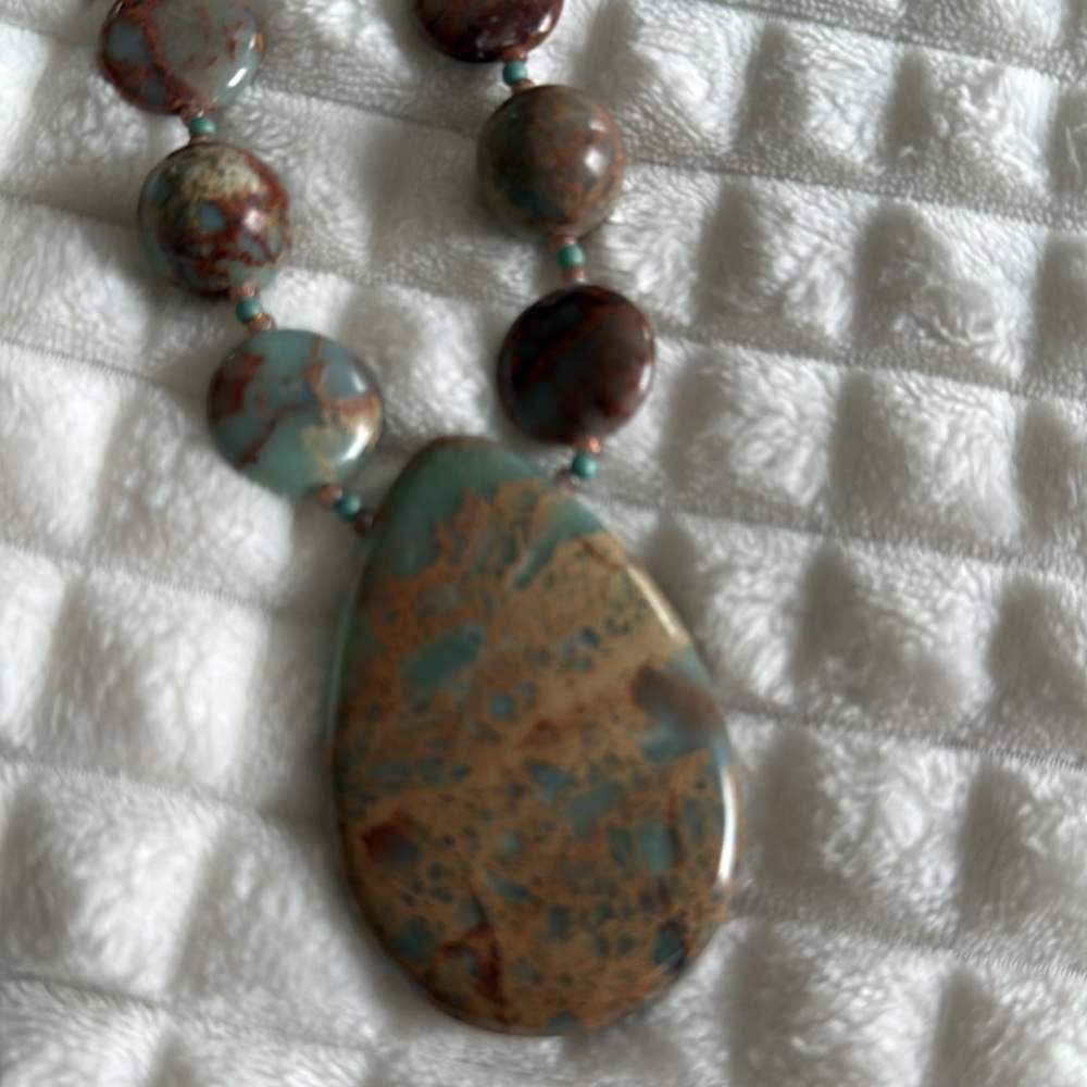 Earthy African blue opal and jasper Beaded Necklace with Stone Pendant